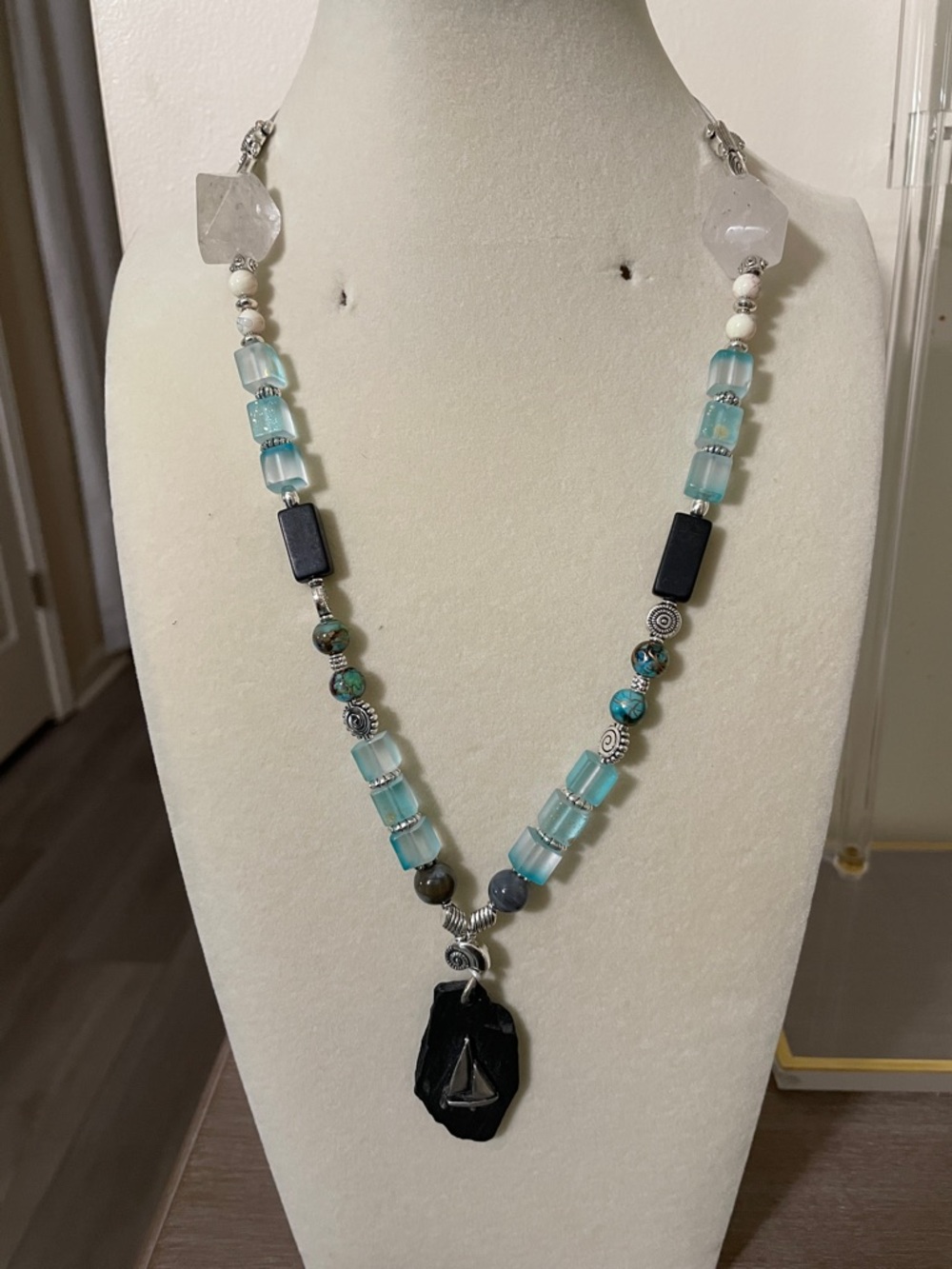 Artisan Aqua and Black Mixed-Glass Beaded Pendant Necklace